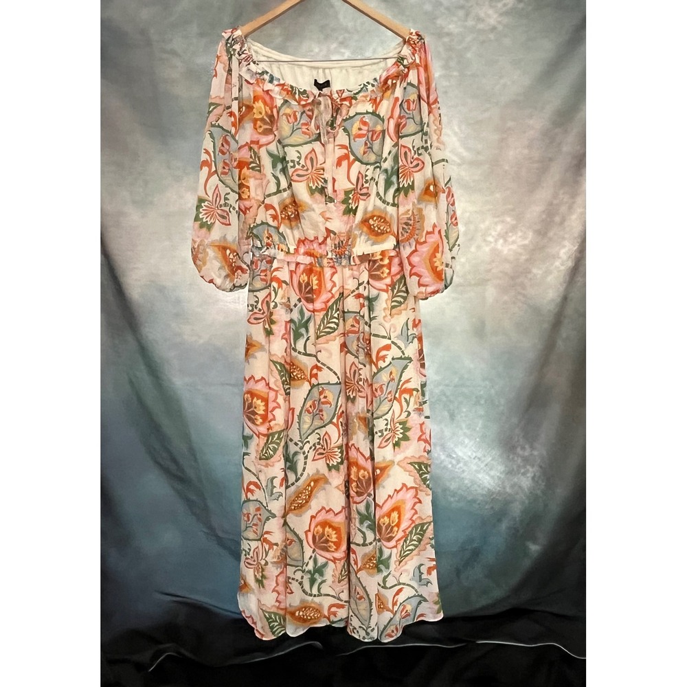 1.STATE Women XL Floral Paisley Ruffle Maxi Dress Off Shoulder Balloon Sleeve‎